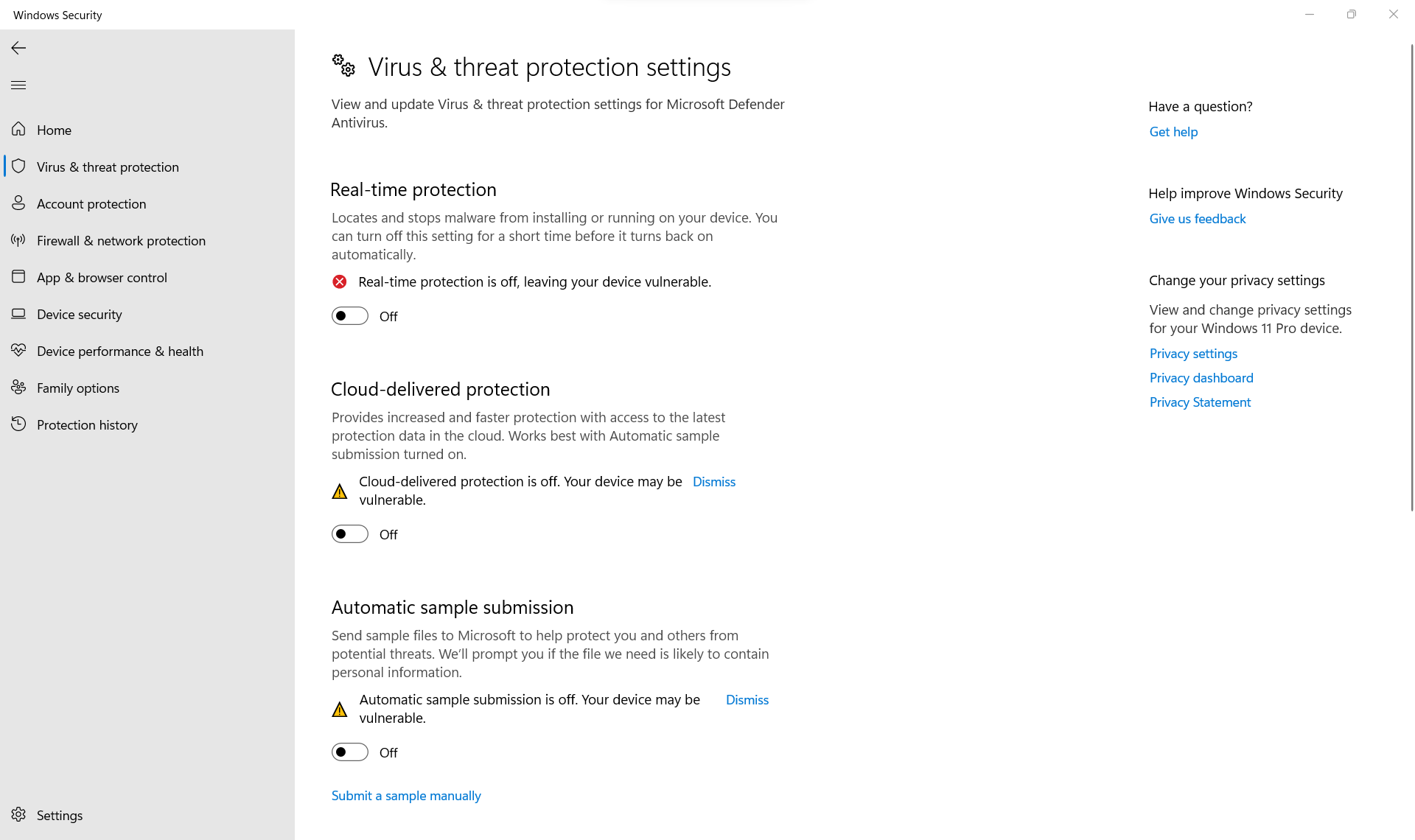 Virus & Threat Protection Settings